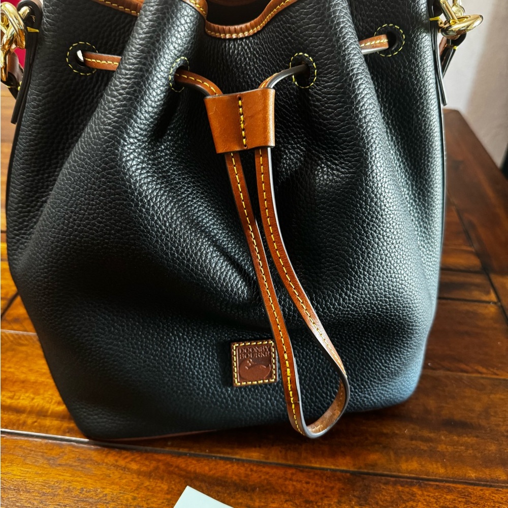 Dooney & Bourke Drawstring Black and Brown Leather Shoulder Bag